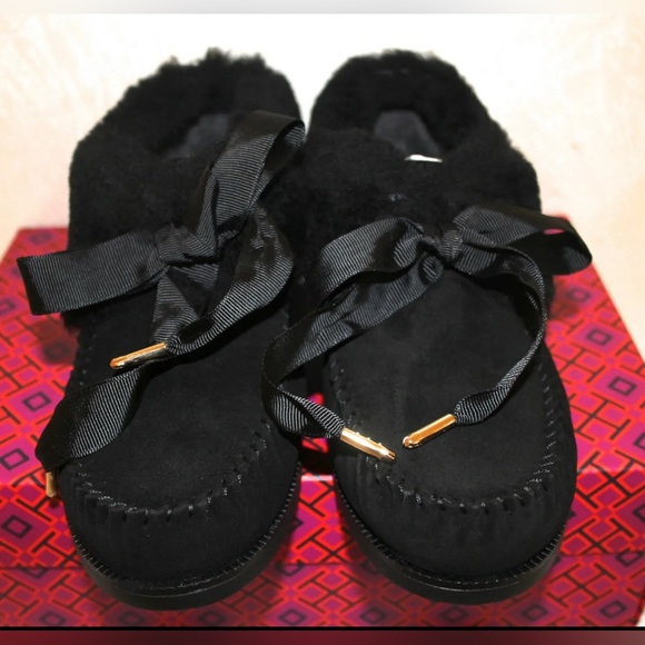 NEW Tory Burch Aberdeen Black Shearling Suede Bow Tie Slip On Slippers size 6 - Picture 10 of 13